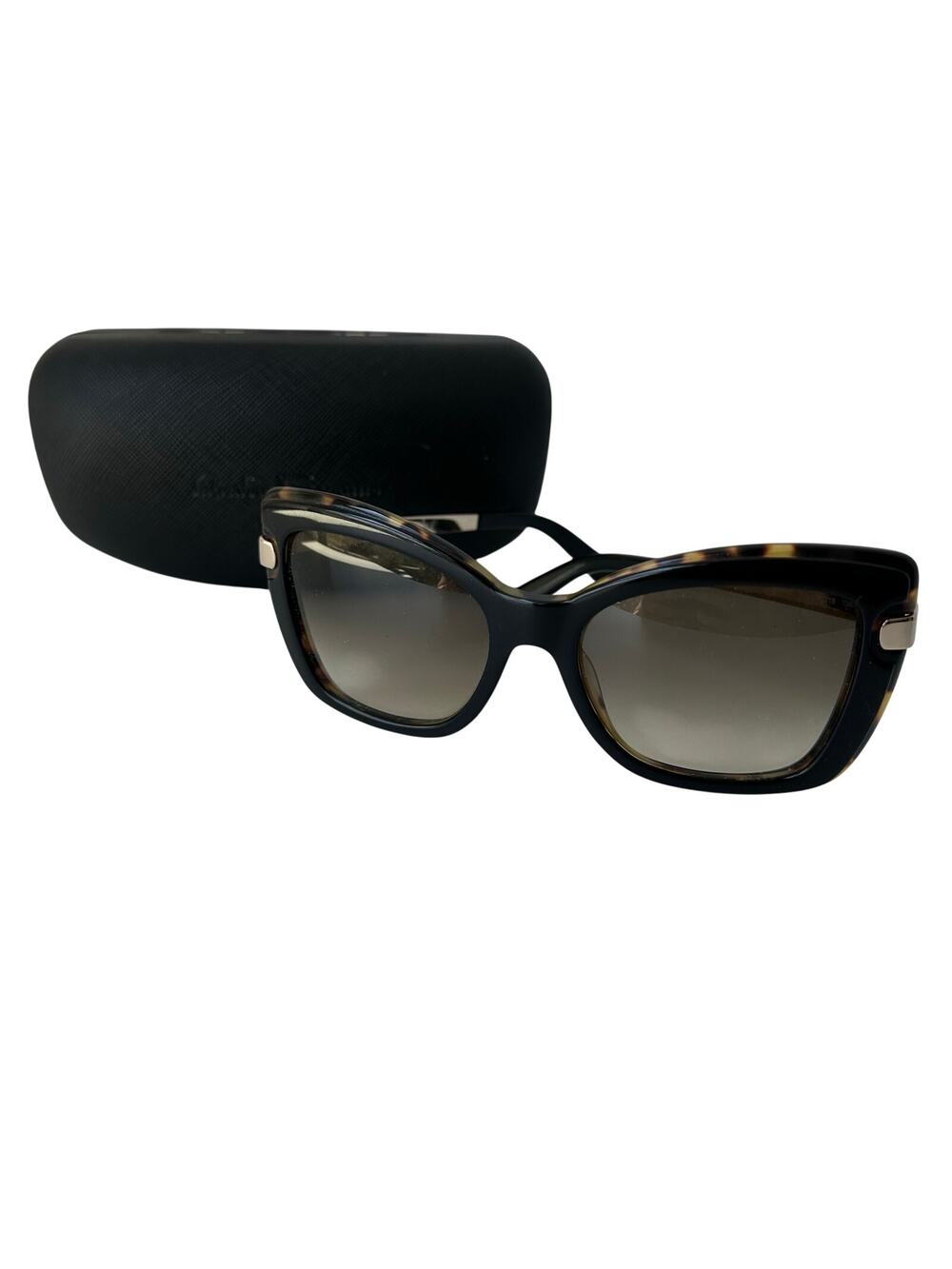 Salvatore Ferragamo Black-Havana Tortoise Butterfly Frame Sunglasses + Case